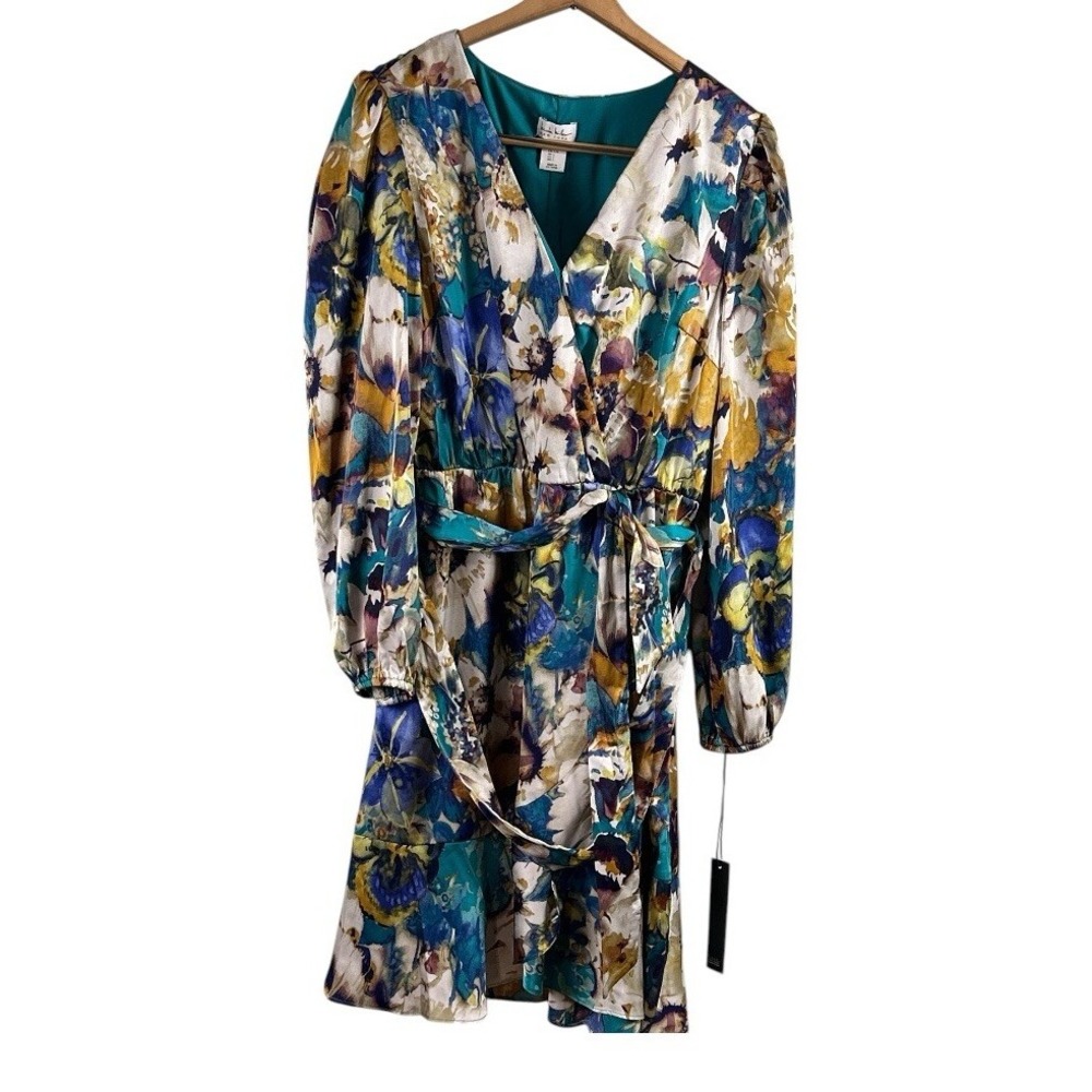 NWT NICOLE MILLER NY Women's Long Sleeve Floral Satin Wrap Style Mini Dress L - Picture 2 of 7